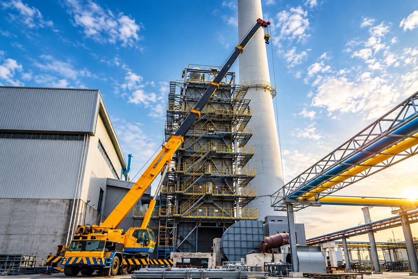 Mobile crane beside a multi-storey boiler structure and its chimney stack