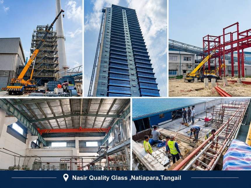 Project reference collage: Nasir Quality Glass, Natiapara, Tangail, showing crane work at a boiler tower, steel structures, a process hall and piping